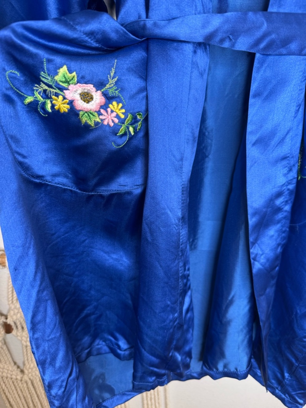 Vtg Chinese Silk Robe Royal Blue Double Peach Floral Embroidery Kimono Phoenix - Picture 10 of 11